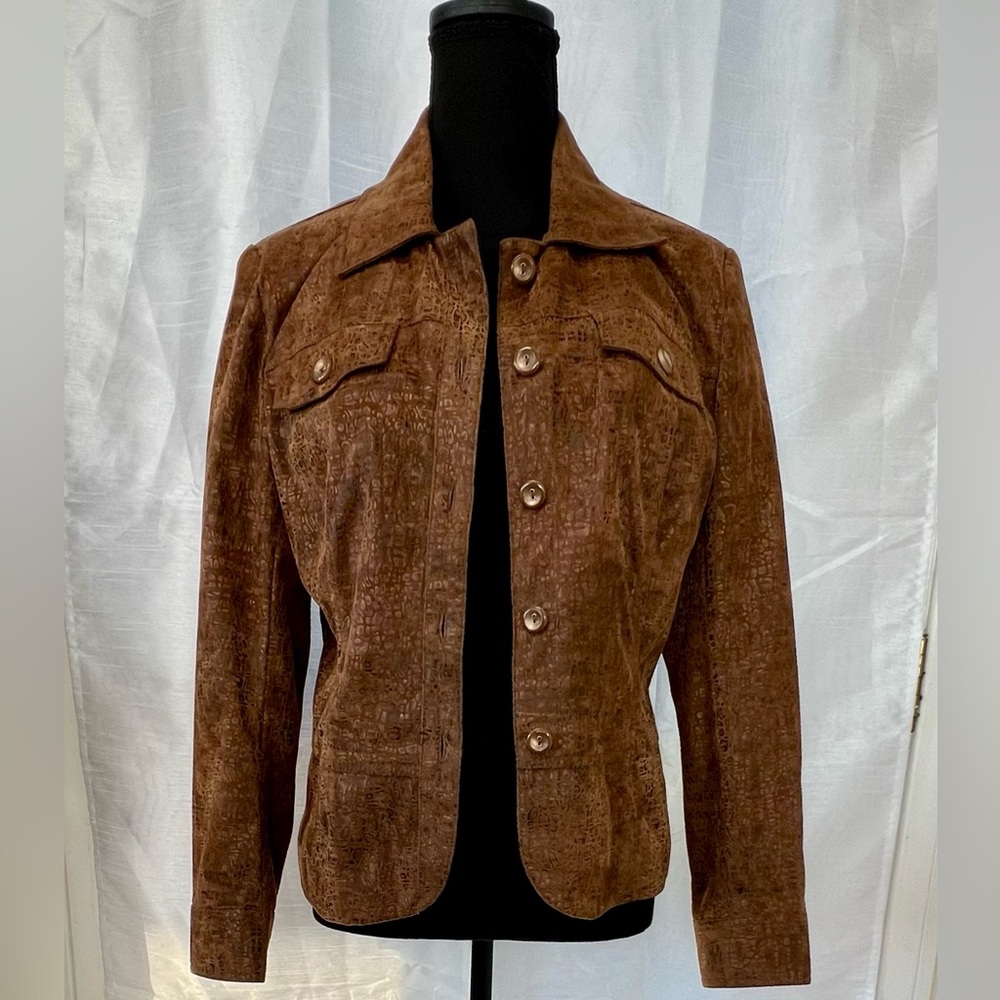 ERIN LONDON Caramel Embossed Faux Suede Button Up Jacket URBAN COLLEGIATE Sz S